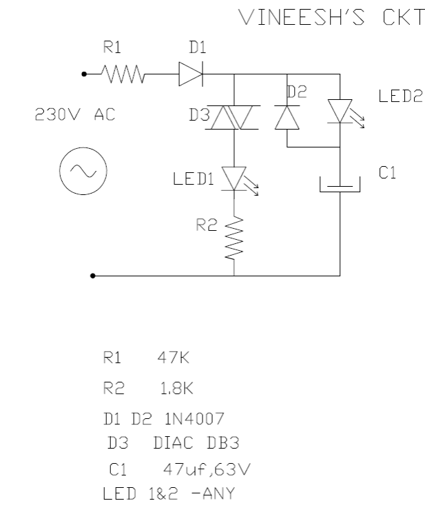 simplest mains operated led flasher circuit