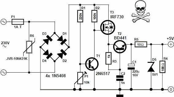Simple Transformerless 5 Volt Power Supply