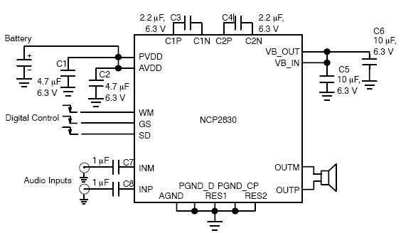 1w audio amplifier circuit using ncp2830