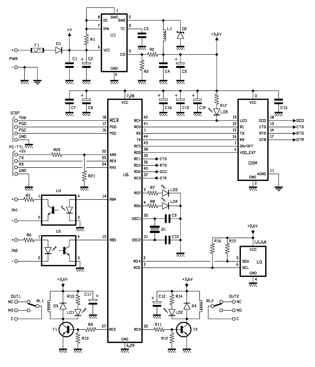 GSM Remote Control 2 IN and 2 OUT Part 2 Schematic