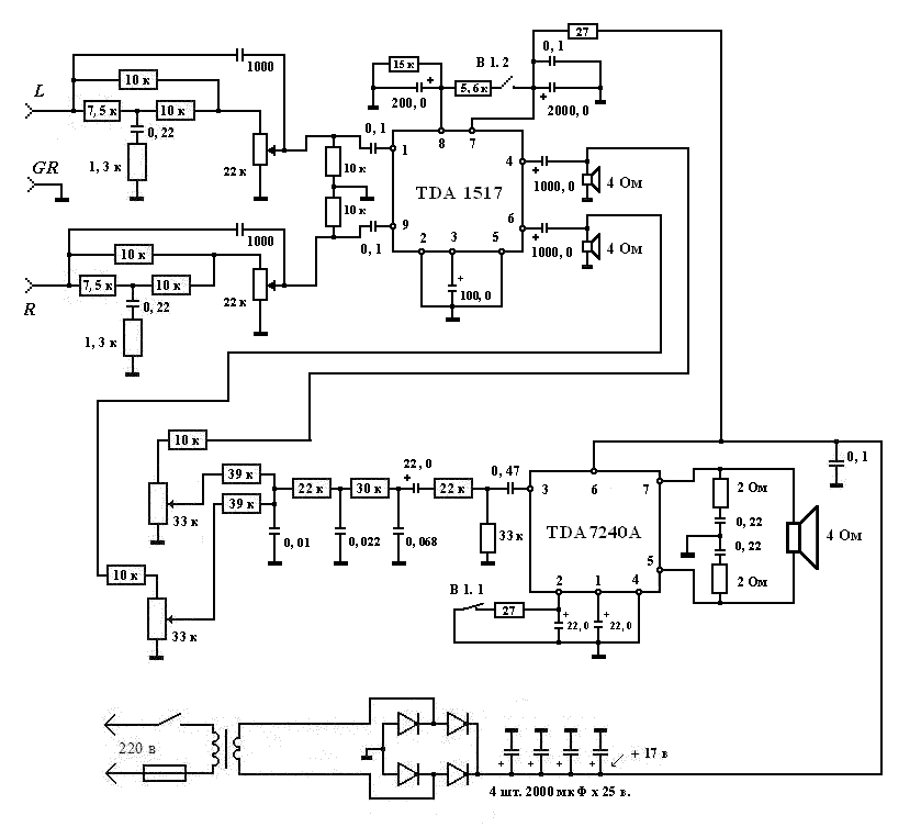Schematic 21 Channel Systems-Dual Power Amplifier TDA7240 and TDA1517Circuits circuit