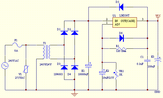 2v to 25v 5a lm338 power supply circuit