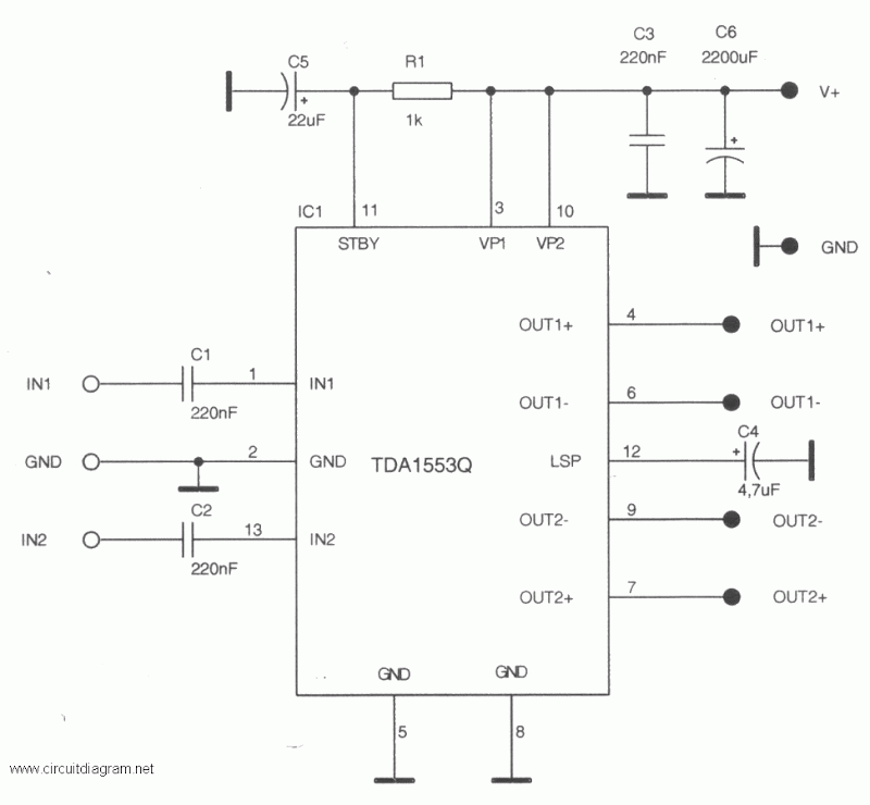 Audio Car Stereo Audio Amplifier with TDA1553CQ circuit
