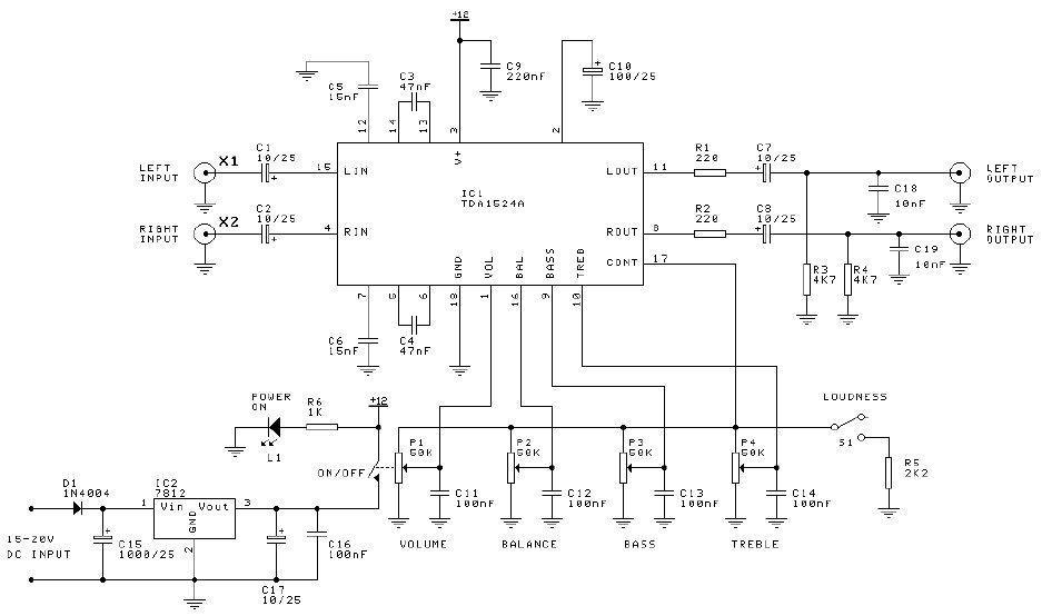 Preamplifier  tone control circuit based TDA1524A circuit