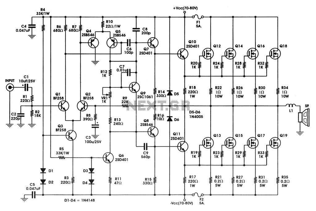 400 W MOSFET Audio Amplifier circuit using IRFP448 Diagram