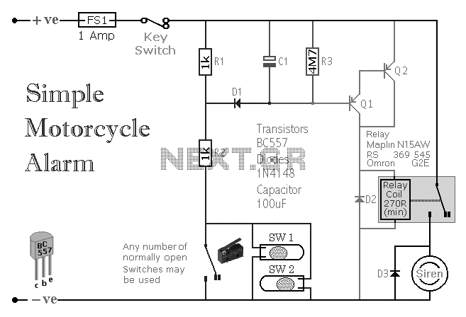 A Simple Transistor Based Motorcycle Alarm circuit