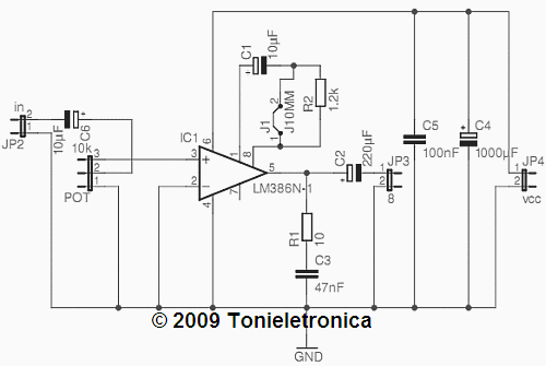 Circuit audio power amplifier circuit lm386 with pcb for 800 mW
