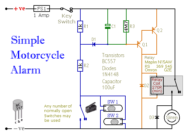 Simple Two-Transistor Motorcycle Alarm circuit