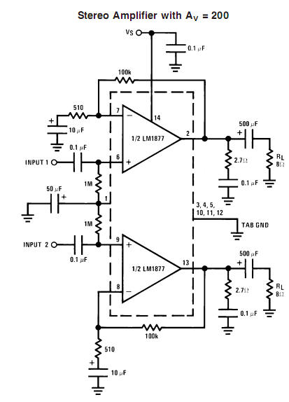 Stereo amplifier circuit with LM1877