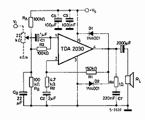 Circuit of power audio amplifier with circuit integrated tda2030 car amplifier 14 watts rms