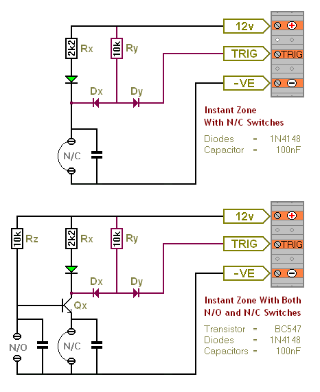 Transistor Based Burglar Alarm - Adding Extra Zones circuit