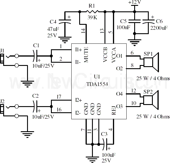 Circuit 22W Stereo Amplifier Using TDA1554