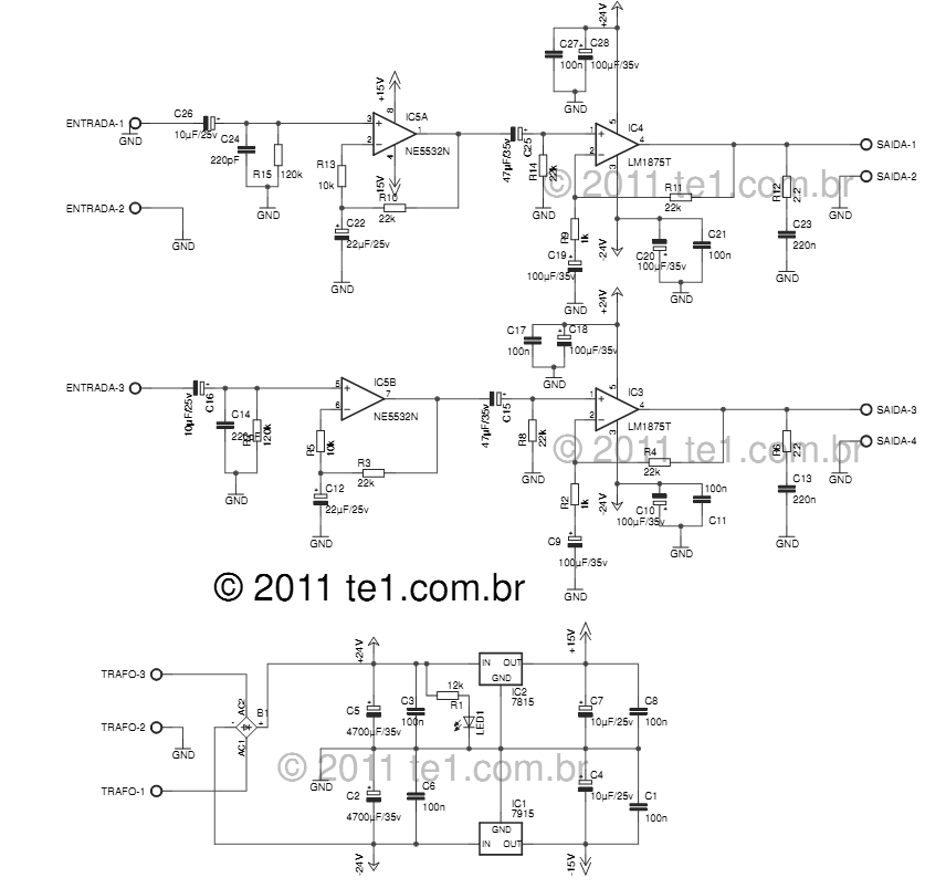 Circuit power audio amplifier stereo with LM1875 and preamp for NE5532 2 x 20 Watts