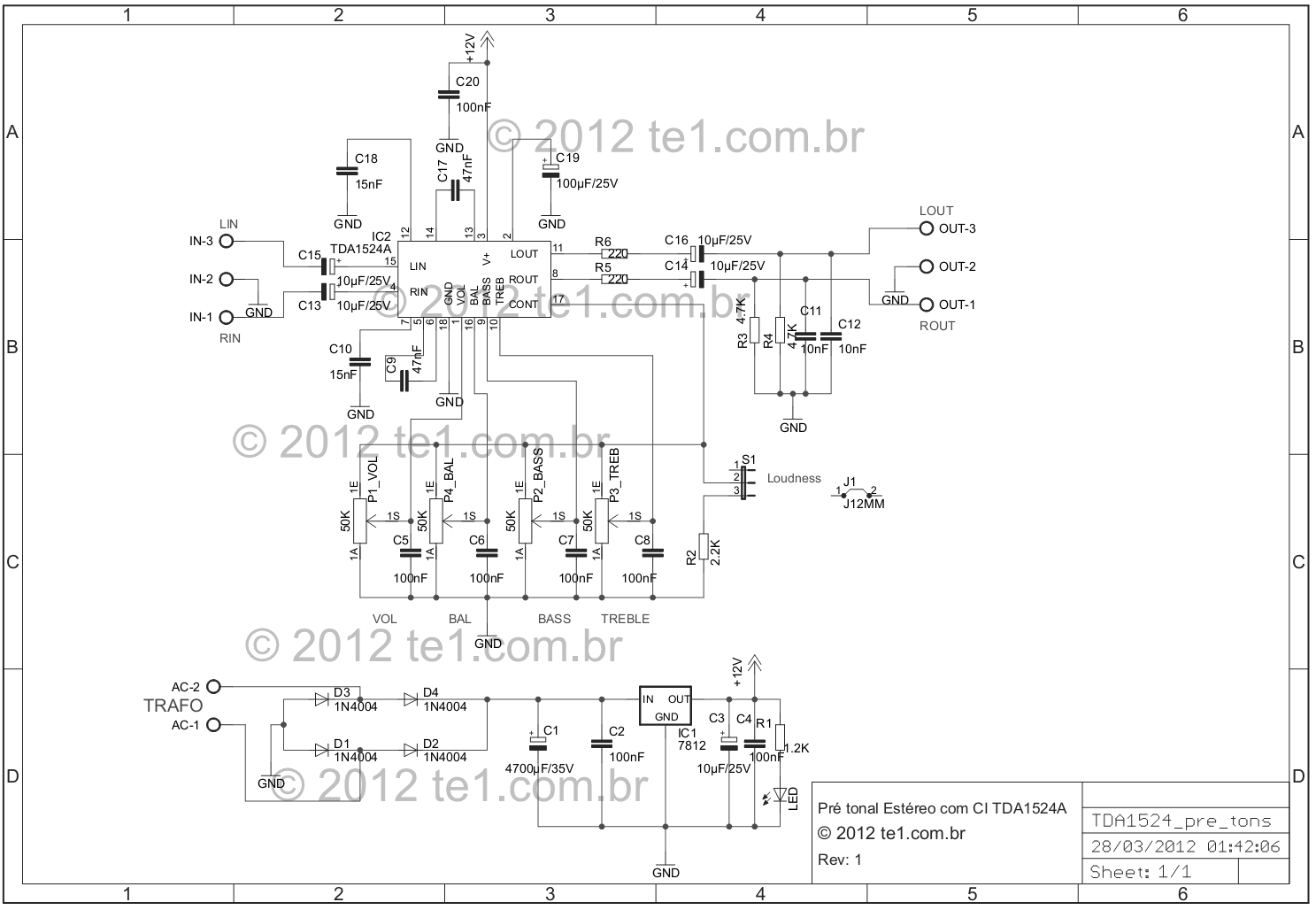 preamplifier stereo tda1524a bass treble schematic