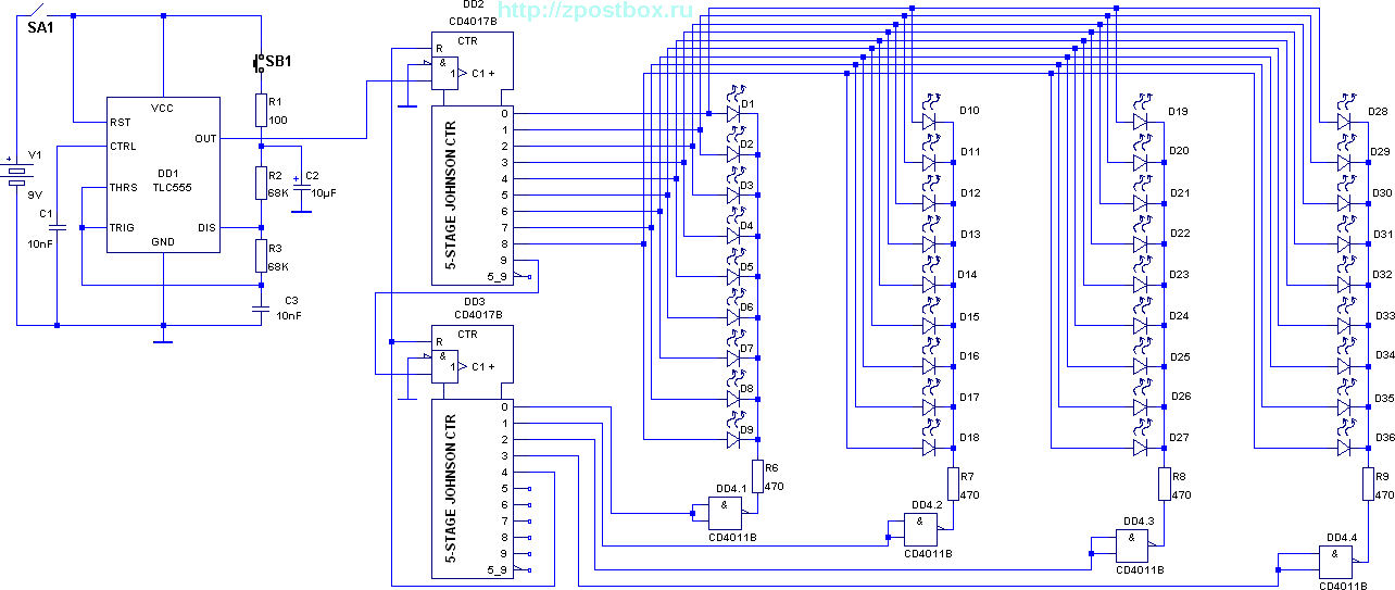 Electronic Roulette wheel with 20 LEDs and with 36 LEDs circuit