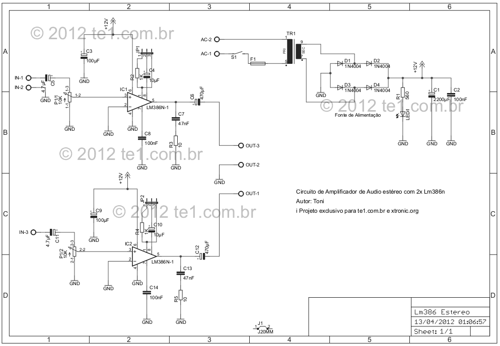 stereo audio amplifier lm386 schematic