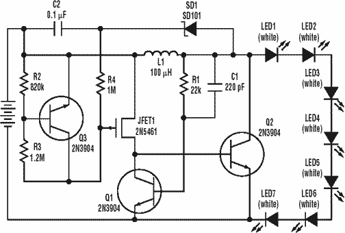 Low power long life LED flashlight Joule Thief circuit